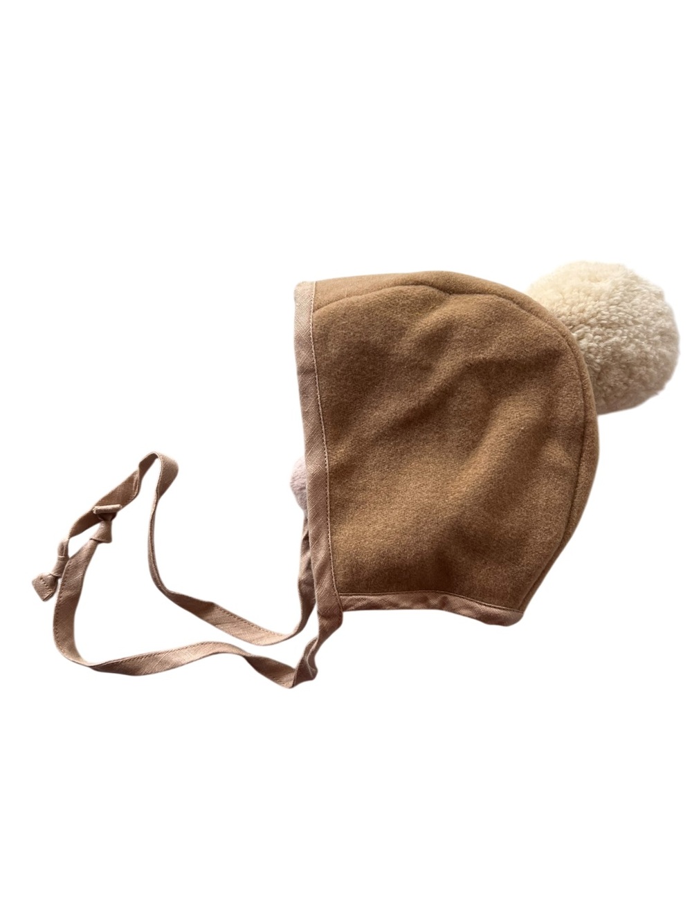 Briar Baby Tan Winter Bonnet Hat with Cream Pom Pom and Ties